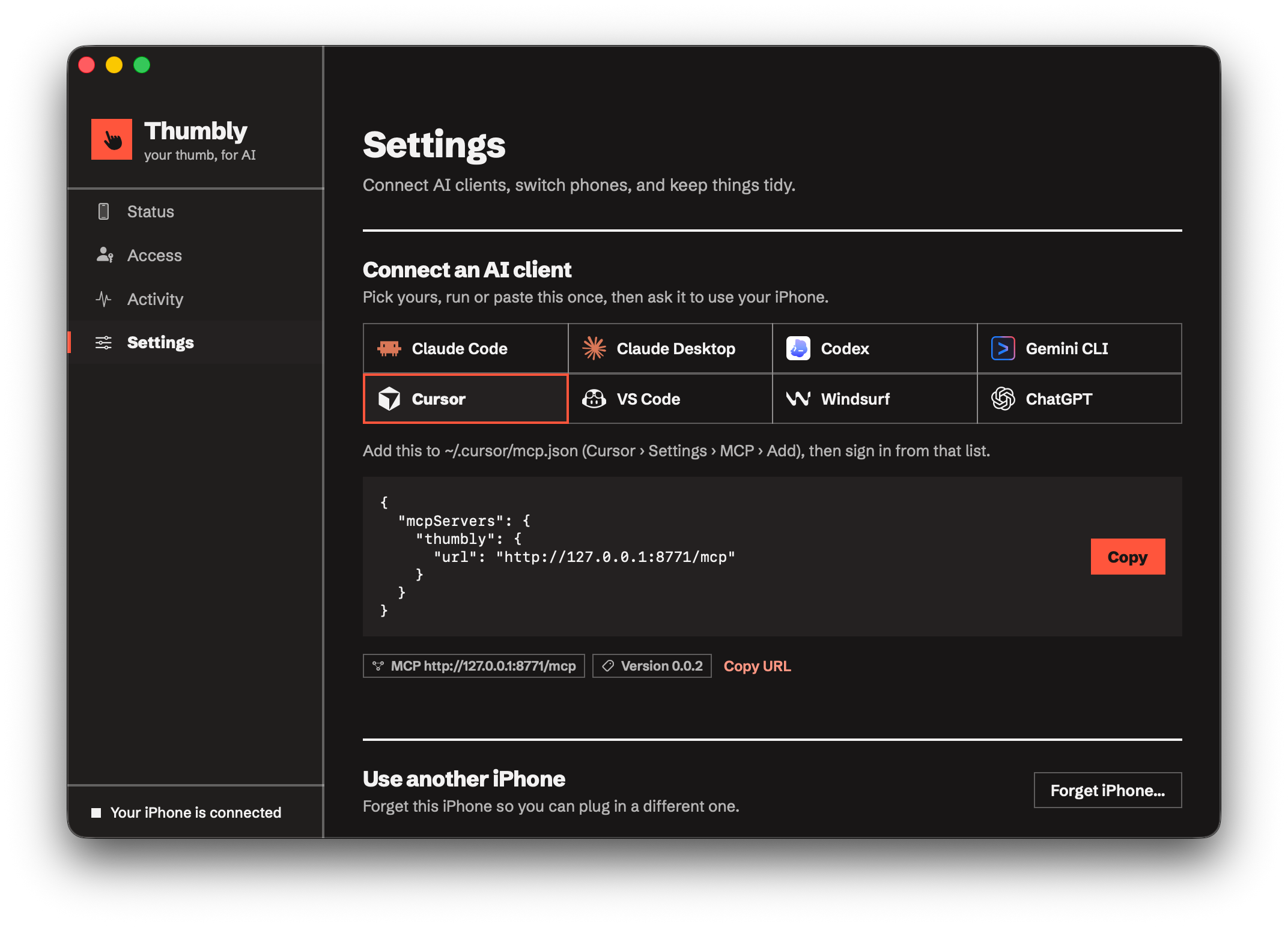 Thumbly Mac app, Settings screen