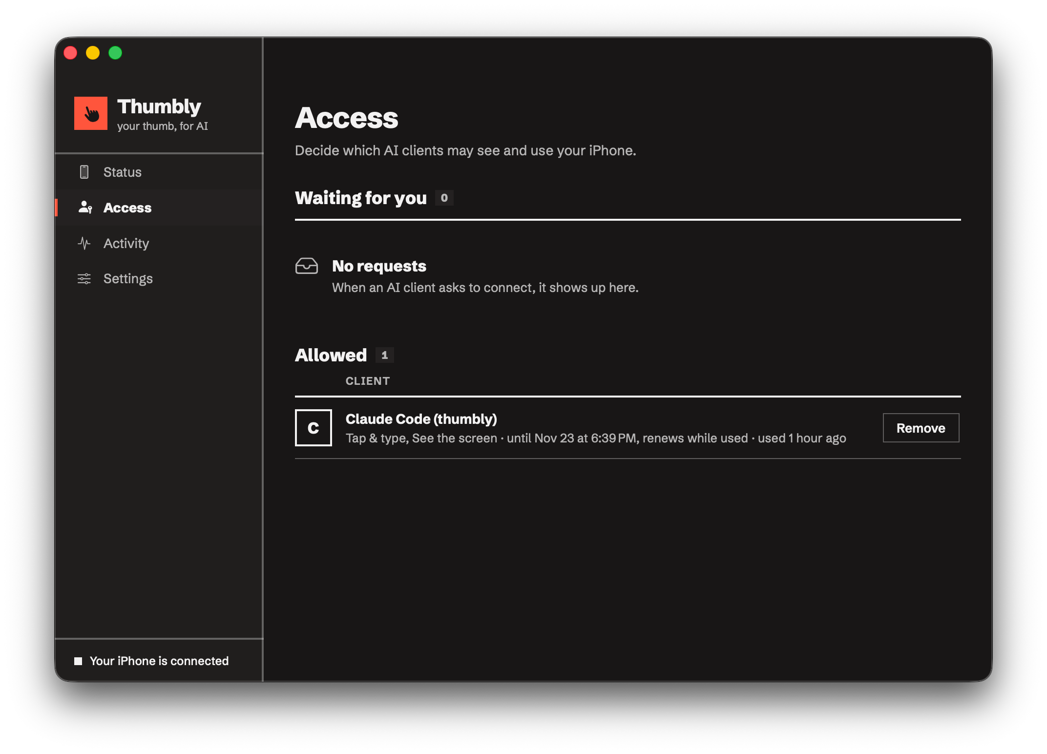 Thumbly Mac app, Access screen