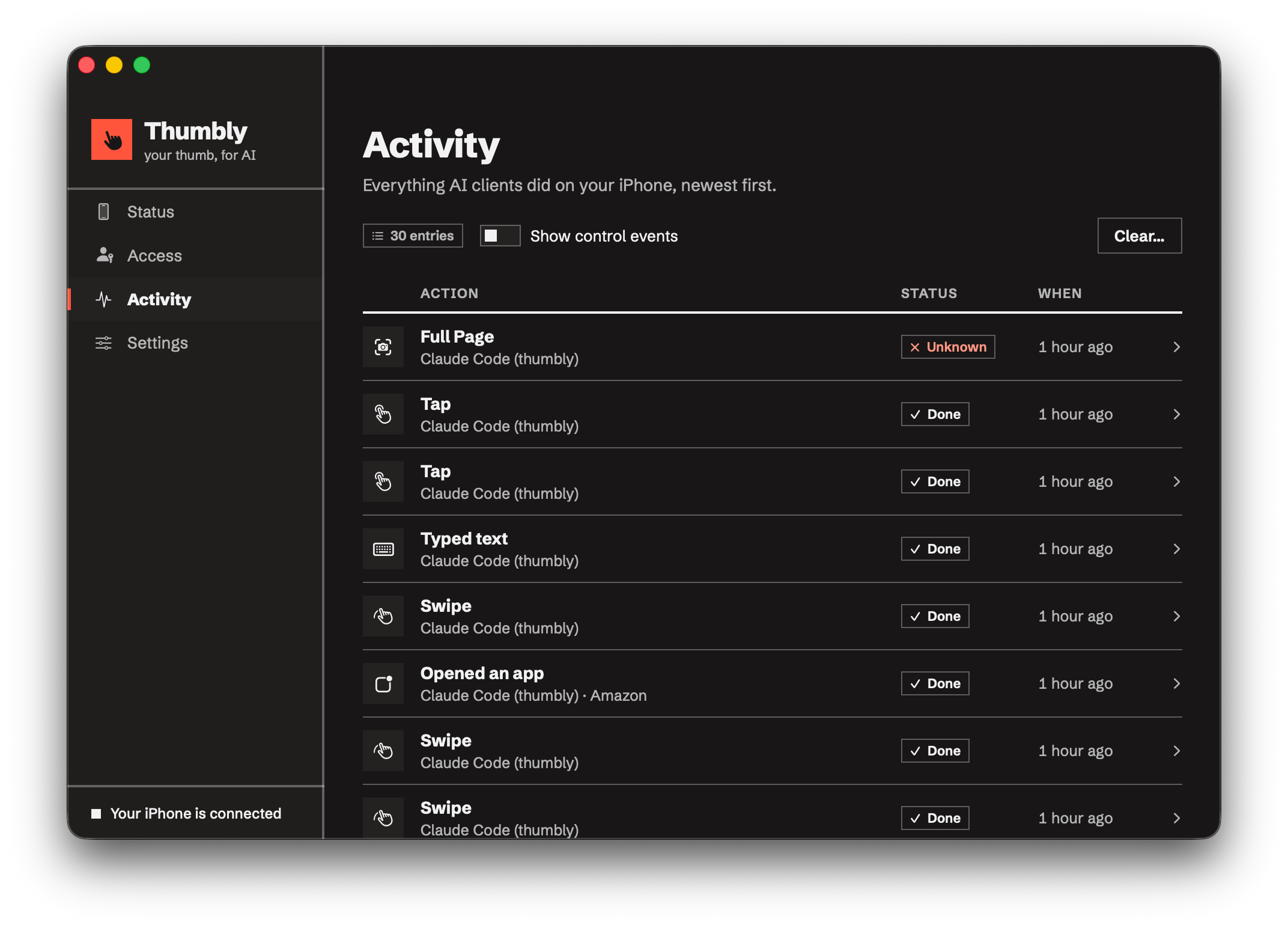 Thumbly Mac app, Activity screen
