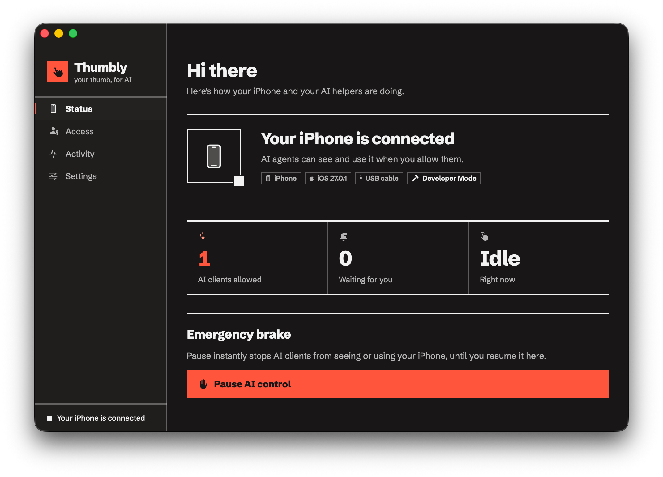 Thumbly Mac app, Status screen